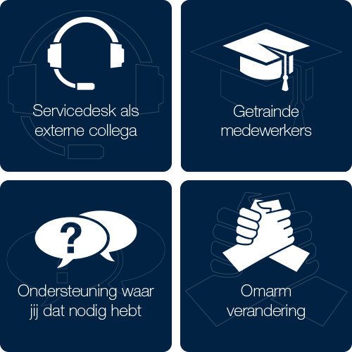 Servicedesk als externe collega, Getrainde medewerkers, Ondersteuning waar jij dat nodig hebt, Omarm verandering